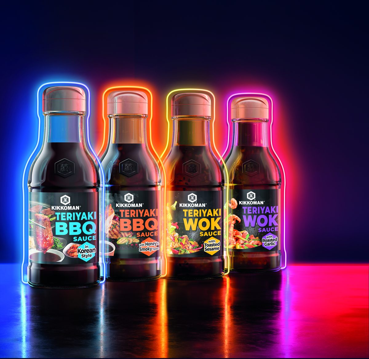Las cuatro nuevas salsas Kikkoman Teriyaki: BBQ estilo coreano, BBQ con miel y sabor ahumado, Wok con sésamo tostado y Wok con ajo asado